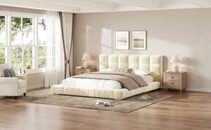 English Elm Queen Velvet Platform Bed Channel Tufted Headboard Low Profile Modern Bedroom Frame Beige N7500002403A