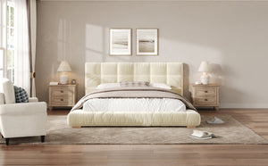 English Elm Queen Velvet Platform Bed Channel Tufted Headboard Low Profile Modern Bedroom Frame Beige N7500002403A