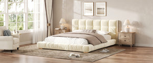 English Elm Queen Velvet Platform Bed Channel Tufted Headboard Low Profile Modern Bedroom Frame Beige N7500002403A