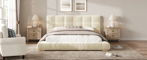 English Elm Queen Velvet Platform Bed Channel Tufted Headboard Low Profile Modern Bedroom Frame Beige N7500002403A