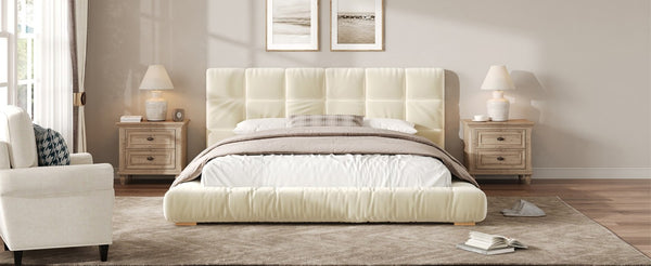 English Elm Queen Velvet Platform Bed Channel Tufted Headboard Low Profile Modern Bedroom Frame Beige N7500002403A