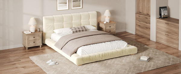English Elm Queen Velvet Platform Bed Channel Tufted Headboard Low Profile Modern Bedroom Frame Beige N7500002403A