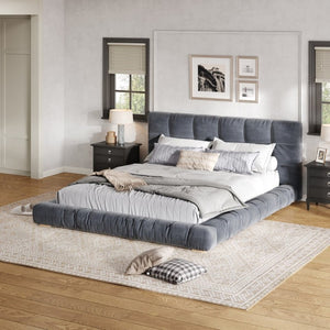 English Elm Queen Velvet Platform Bed Channel Tufted Headboard Low Profile Modern Bedroom Frame Gray N7500002403E