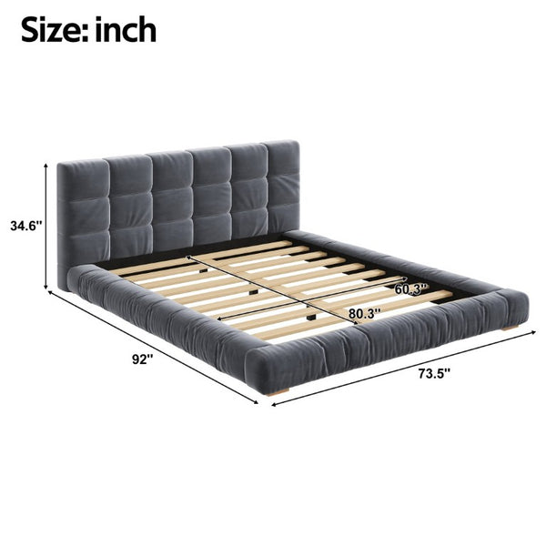 English Elm Queen Velvet Platform Bed Channel Tufted Headboard Low Profile Modern Bedroom Frame Gray N7500002403E