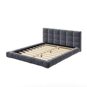 English Elm Queen Velvet Platform Bed Channel Tufted Headboard Low Profile Modern Bedroom Frame Gray N7500002403E