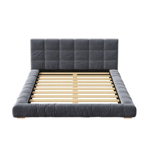 English Elm Queen Velvet Platform Bed Channel Tufted Headboard Low Profile Modern Bedroom Frame Gray N7500002403E
