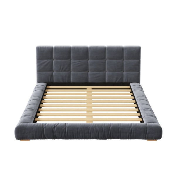 English Elm Queen Velvet Platform Bed Channel Tufted Headboard Low Profile Modern Bedroom Frame Gray N7500002403E