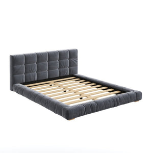 English Elm Queen Velvet Platform Bed Channel Tufted Headboard Low Profile Modern Bedroom Frame Gray N7500002403E