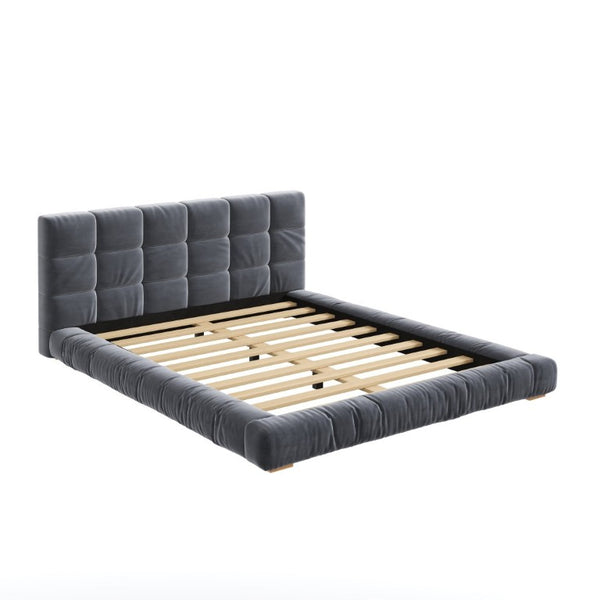English Elm Queen Velvet Platform Bed Channel Tufted Headboard Low Profile Modern Bedroom Frame Gray N7500002403E