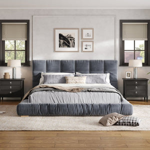 English Elm Queen Velvet Platform Bed Channel Tufted Headboard Low Profile Modern Bedroom Frame Gray N7500002403E