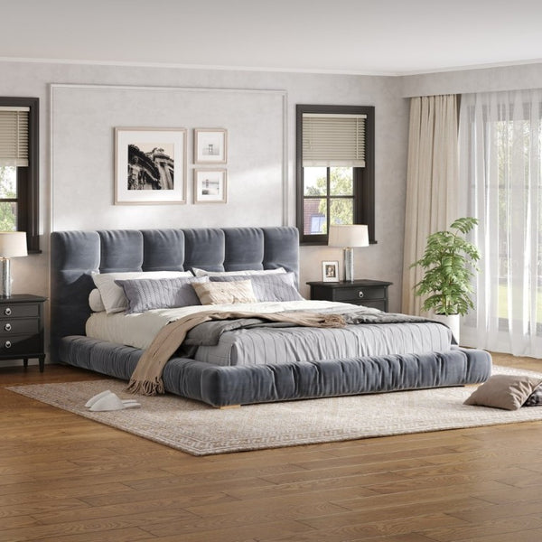 English Elm Queen Velvet Platform Bed Channel Tufted Headboard Low Profile Modern Bedroom Frame Gray N7500002403E