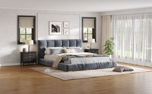 English Elm Queen Velvet Platform Bed Channel Tufted Headboard Low Profile Modern Bedroom Frame Gray N7500002403E