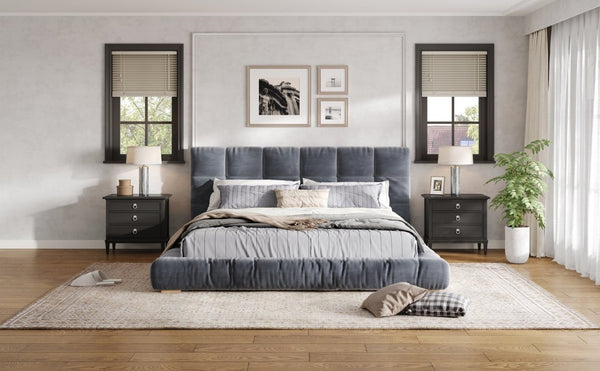 English Elm Queen Velvet Platform Bed Channel Tufted Headboard Low Profile Modern Bedroom Frame Gray N7500002403E