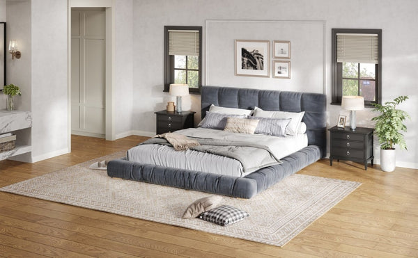 English Elm Queen Velvet Platform Bed Channel Tufted Headboard Low Profile Modern Bedroom Frame Gray N7500002403E