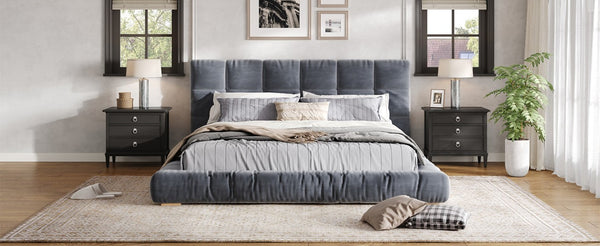 English Elm Queen Velvet Platform Bed Channel Tufted Headboard Low Profile Modern Bedroom Frame Gray N7500002403E