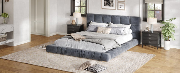 English Elm Queen Velvet Platform Bed Channel Tufted Headboard Low Profile Modern Bedroom Frame Gray N7500002403E