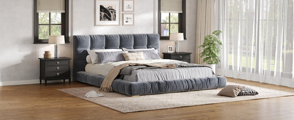 English Elm Queen Velvet Platform Bed Channel Tufted Headboard Low Profile Modern Bedroom Frame Gray N7500002403E
