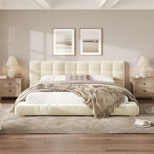 English Elm King Velvet Platform Bed Channel Tufted Headboard Low Profile Slat Support Bedroom Beige N7500002404A