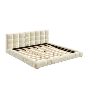 English Elm King Velvet Platform Bed Channel Tufted Headboard Low Profile Slat Support Bedroom Beige N7500002404A
