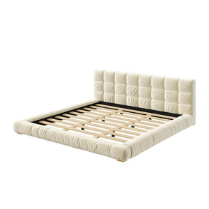 English Elm King Velvet Platform Bed Channel Tufted Headboard Low Profile Slat Support Bedroom Beige N7500002404A