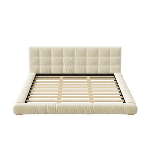 English Elm King Velvet Platform Bed Channel Tufted Headboard Low Profile Slat Support Bedroom Beige N7500002404A