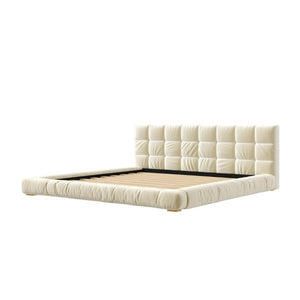 English Elm King Velvet Platform Bed Channel Tufted Headboard Low Profile Slat Support Bedroom Beige N7500002404A
