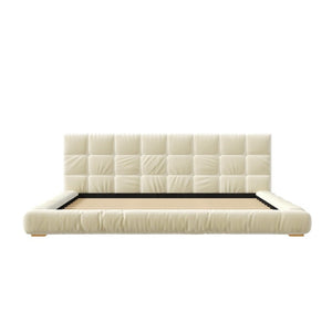 English Elm King Velvet Platform Bed Channel Tufted Headboard Low Profile Slat Support Bedroom Beige N7500002404A