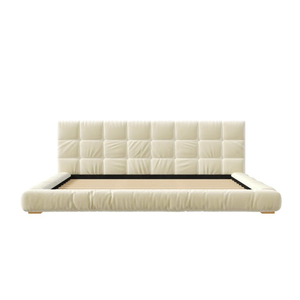 English Elm King Velvet Platform Bed Channel Tufted Headboard Low Profile Slat Support Bedroom Beige N7500002404A
