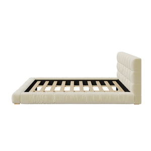 English Elm King Velvet Platform Bed Channel Tufted Headboard Low Profile Slat Support Bedroom Beige N7500002404A