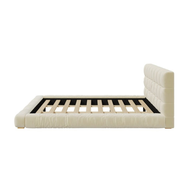 English Elm King Velvet Platform Bed Channel Tufted Headboard Low Profile Slat Support Bedroom Beige N7500002404A
