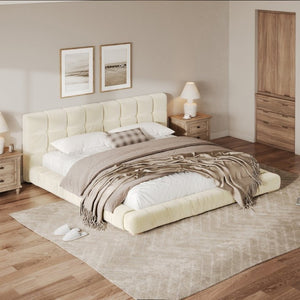 English Elm King Velvet Platform Bed Channel Tufted Headboard Low Profile Slat Support Bedroom Beige N7500002404A