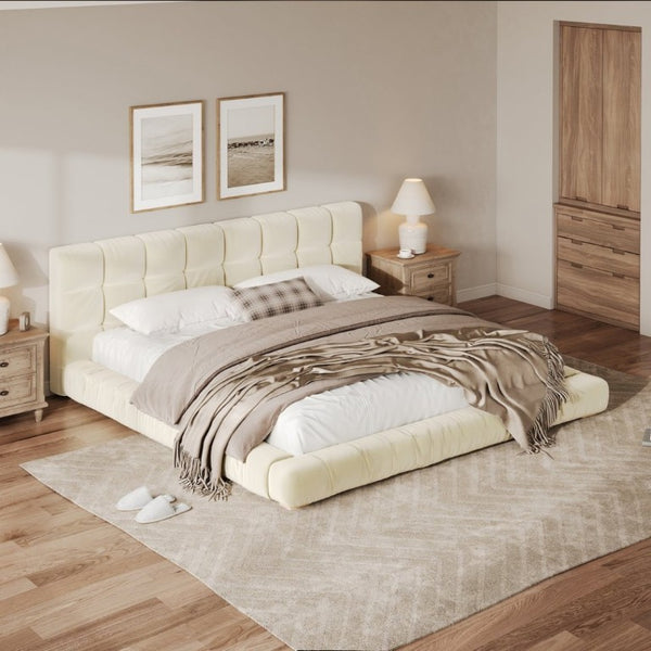 English Elm King Velvet Platform Bed Channel Tufted Headboard Low Profile Slat Support Bedroom Beige N7500002404A
