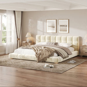 English Elm King Velvet Platform Bed Channel Tufted Headboard Low Profile Slat Support Bedroom Beige N7500002404A