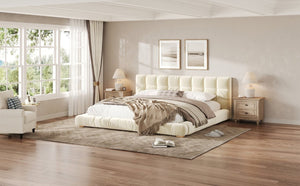 English Elm King Velvet Platform Bed Channel Tufted Headboard Low Profile Slat Support Bedroom Beige N7500002404A