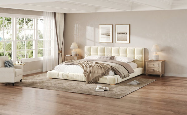 English Elm King Velvet Platform Bed Channel Tufted Headboard Low Profile Slat Support Bedroom Beige N7500002404A