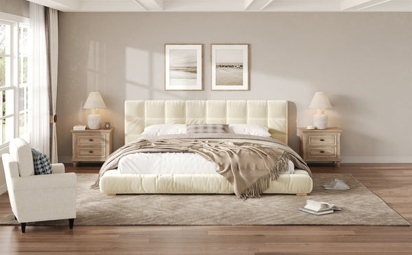 English Elm King Velvet Platform Bed Channel Tufted Headboard Low Profile Slat Support Bedroom Beige N7500002404A