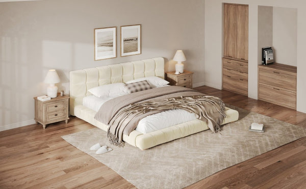 English Elm King Velvet Platform Bed Channel Tufted Headboard Low Profile Slat Support Bedroom Beige N7500002404A