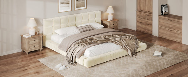 English Elm King Velvet Platform Bed Channel Tufted Headboard Low Profile Slat Support Bedroom Beige N7500002404A