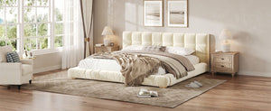 English Elm King Velvet Platform Bed Channel Tufted Headboard Low Profile Slat Support Bedroom Beige N7500002404A