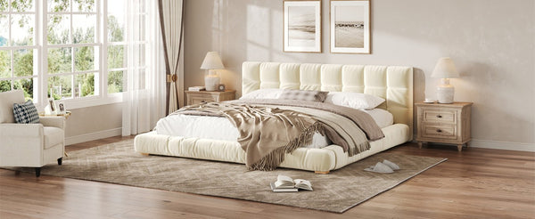 English Elm King Velvet Platform Bed Channel Tufted Headboard Low Profile Slat Support Bedroom Beige N7500002404A