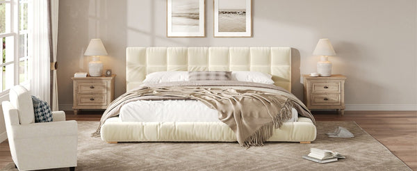 English Elm King Velvet Platform Bed Channel Tufted Headboard Low Profile Slat Support Bedroom Beige N7500002404A