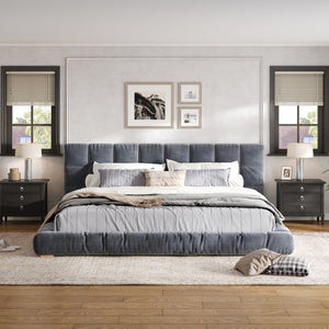 English Elm King Velvet Platform Bed Channel Tufted Headboard Low Profile Slat Support Bedroom Gray N7500002404E