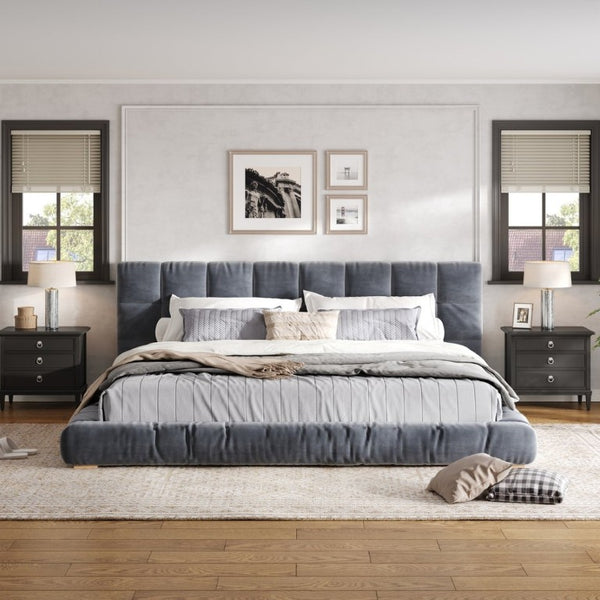 English Elm King Velvet Platform Bed Channel Tufted Headboard Low Profile Slat Support Bedroom Gray N7500002404E