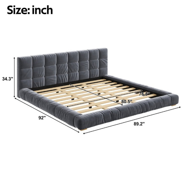 English Elm King Velvet Platform Bed Channel Tufted Headboard Low Profile Slat Support Bedroom Gray N7500002404E
