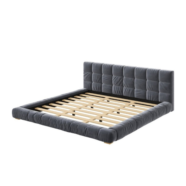 English Elm King Velvet Platform Bed Channel Tufted Headboard Low Profile Slat Support Bedroom Gray N7500002404E