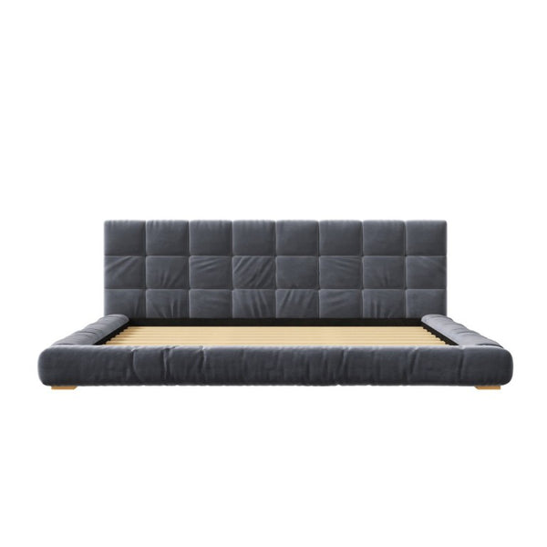English Elm King Velvet Platform Bed Channel Tufted Headboard Low Profile Slat Support Bedroom Gray N7500002404E