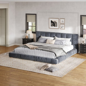 English Elm King Velvet Platform Bed Channel Tufted Headboard Low Profile Slat Support Bedroom Gray N7500002404E