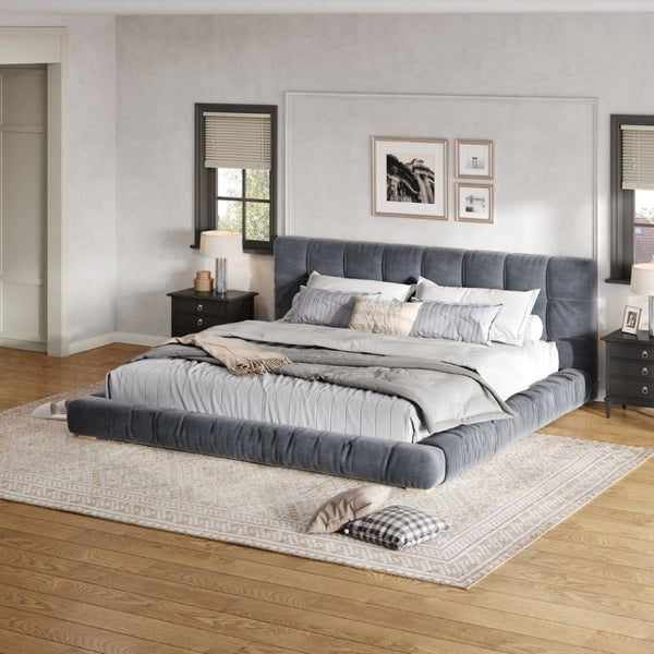 English Elm King Velvet Platform Bed Channel Tufted Headboard Low Profile Slat Support Bedroom Gray N7500002404E