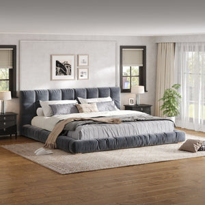 English Elm King Velvet Platform Bed Channel Tufted Headboard Low Profile Slat Support Bedroom Gray N7500002404E