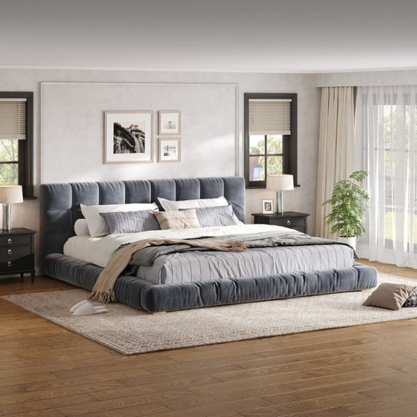 English Elm King Velvet Platform Bed Channel Tufted Headboard Low Profile Slat Support Bedroom Gray N7500002404E